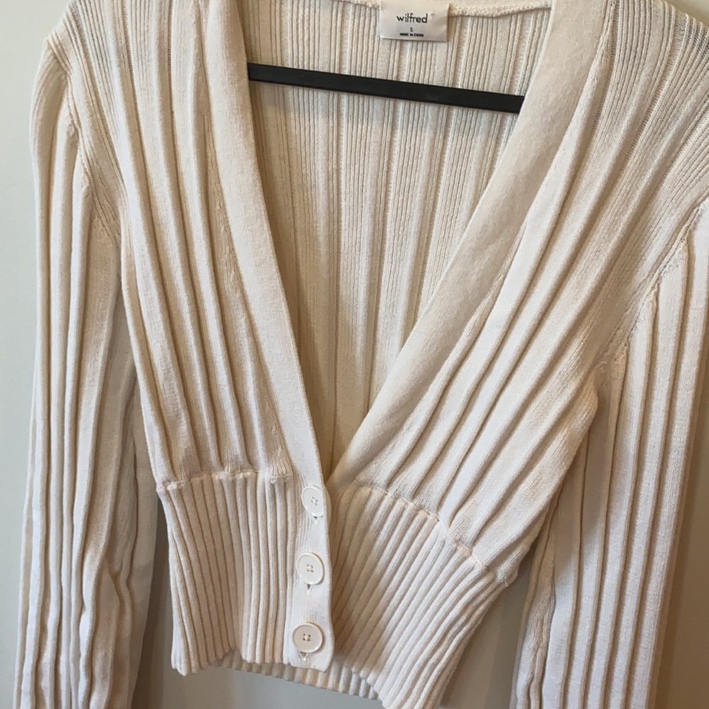 Aritzia x Wilfred Deep Plunge  Cream Ribbed V-Neck Button Cardigan - Picture 7 of 12